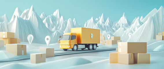 Delivery Truck in Snowy Landscape: A vibrant yellow delivery truck navigates a snowy landscape, showcasing the power and reliability of logistics and transportation.