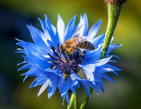 one blue conflower and a bee on a sunny day