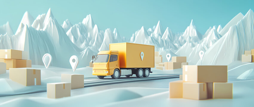 Delivery Truck in Snowy Landscape: A vibrant yellow delivery truck navigates a snowy landscape, showcasing the power and reliability of logistics and transportation.