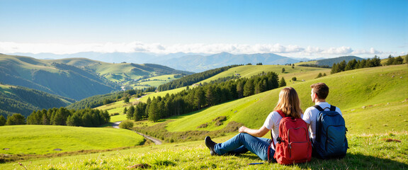 Relaxed couple enjoying stunning countryside view on green hillside, tranquility