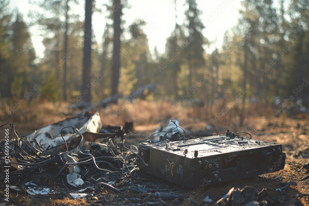 Poster black box recorder near scattered airplane debris in a forested area during daylight hours. generati