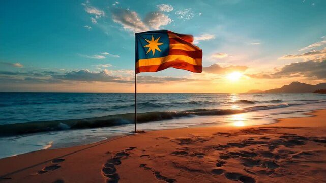 Estelada Flag at Sunset on a Sandy Beach