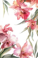 A wedding card design featuring soft watercolor Cattleya flowers in pink hues, framing a horizontal space