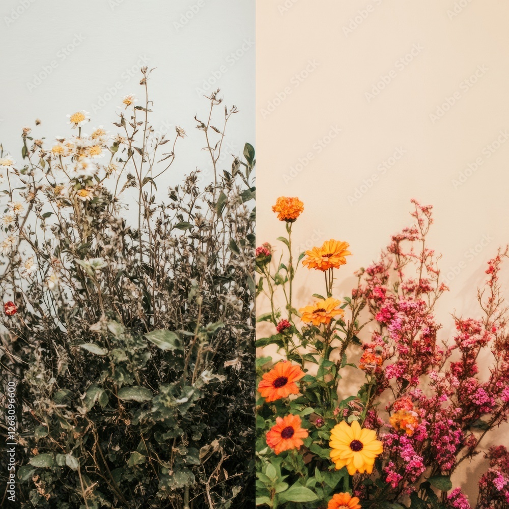 Aufkleber contrast of withered and vibrant flowers captured in different settings. generative ai