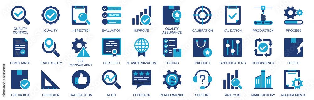 Poster quality control icon set in flat duotone solid icons web design. pack pictograms with inspection, ev