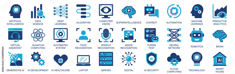 Aufkleber Artificial intelligence icon set in flat duotone solid icons web design. Pack pictograms with data science, deep learning, algorithm, computer, vision, automation, brain, other. Illustration.