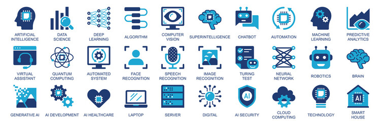Artificial intelligence icon set in flat duotone solid icons web design. Pack pictograms with data science, deep learning, algorithm, computer, vision, automation, brain, other. Illustration.