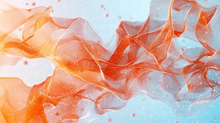 Abstract Orange and White Swirls on a Light Blue Background with Sparkling Particle Effects