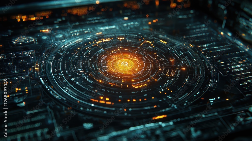 Poster futuristic digital interface with concentric circles and glowing elements.