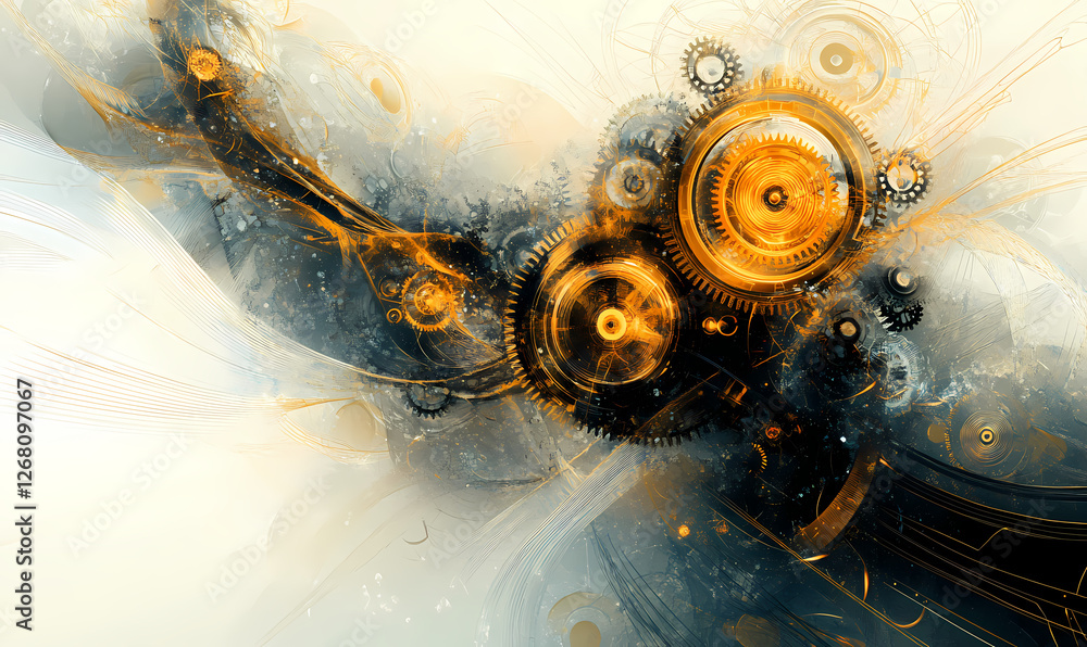 Poster abstract machine: an abstract digital artwork of intricate golden gears and swirling forms, suggesti