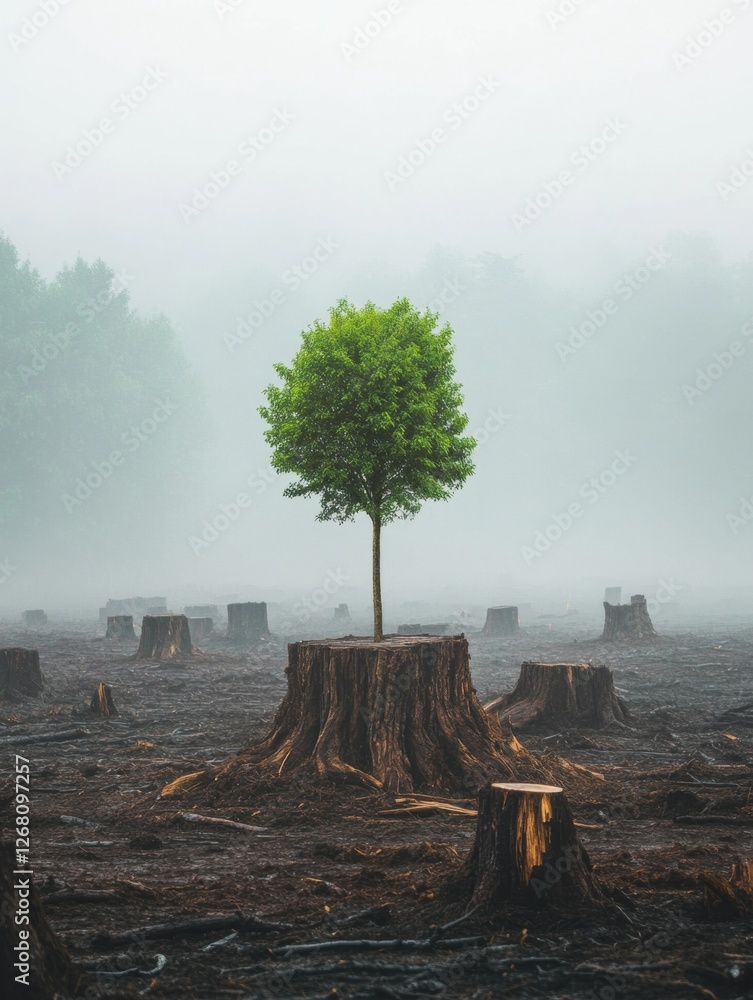 Aufkleber lonely tree stands tall amidst a landscape of cut stumps on a foggy day in a deforested area. genera