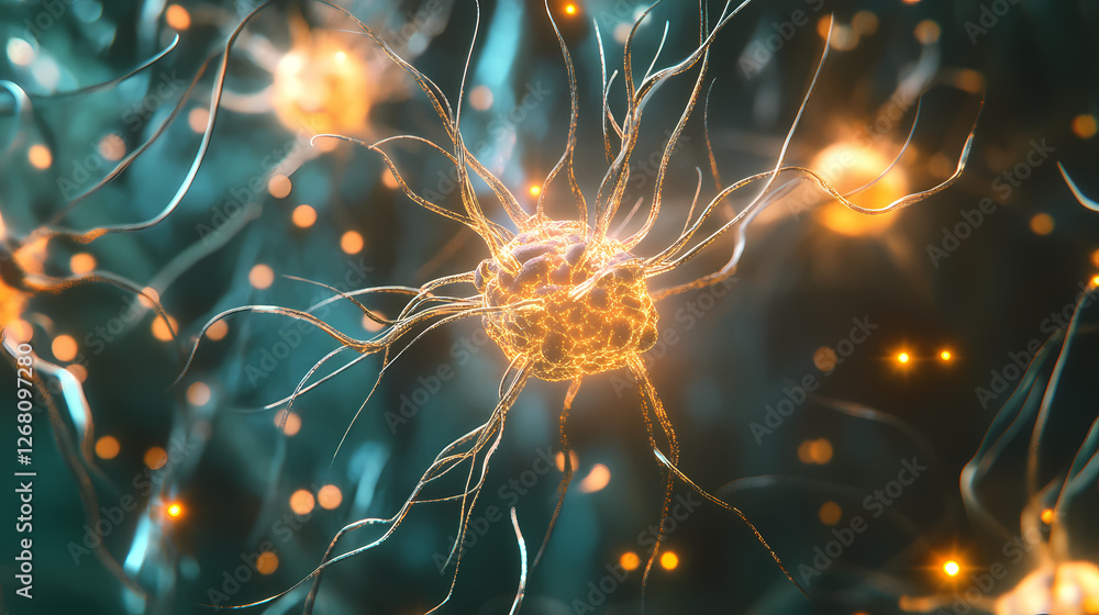Aufkleber neural network: a mesmerizing microscopic illustration of a neuron firing, its intricate dendrites r