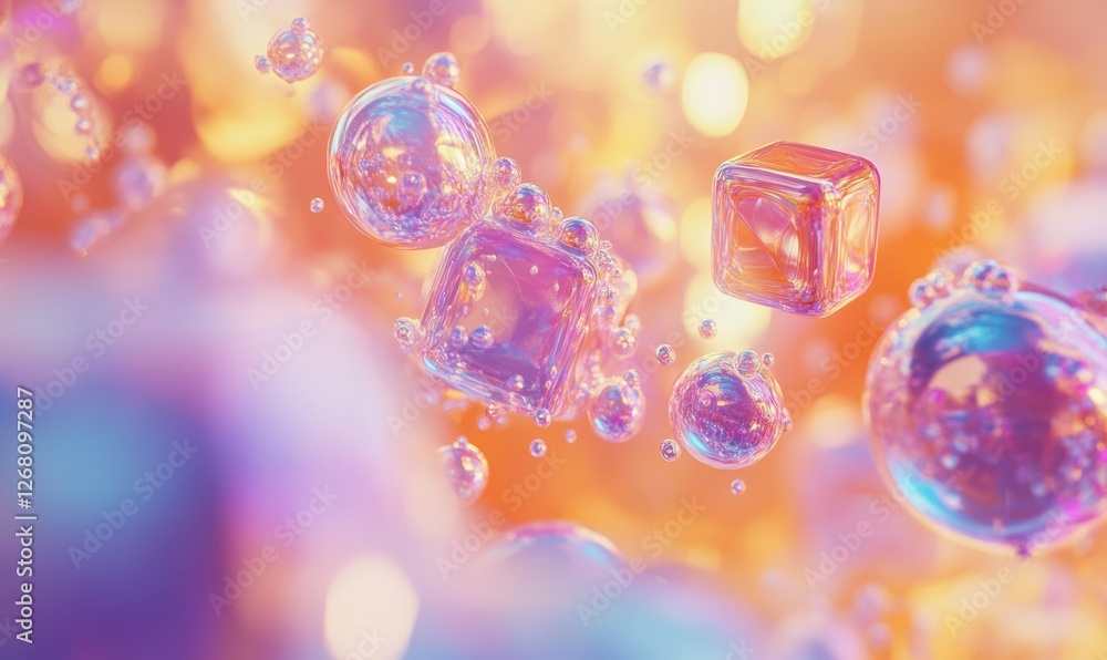 Poster a background design with an abstract 3d render of vibrant bubbles and cubes.