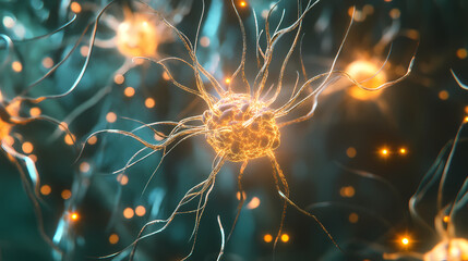 Obraz premium Neural Network: A mesmerizing microscopic illustration of a neuron firing, its intricate dendrites reaching out like branches, connecting to other neurons in a complex network of information exchange.