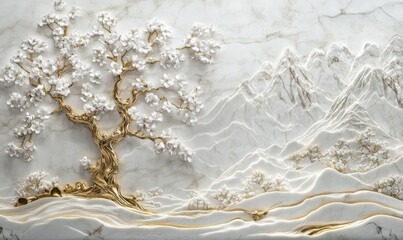 A background made of white and gold marble, including the Tree of Life, mountains, a floral landscape
