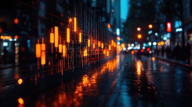 Night city street with glowing financial data overlay.