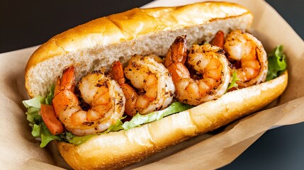 Grilled shrimp sandwich on a crusty roll. Juicy shrimp with lettuce and tomato.