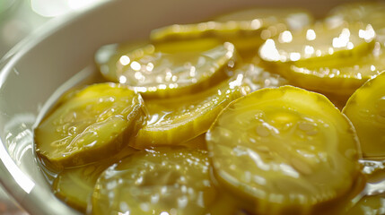 A bowl of sliced pickles seasoned with herbs and black pepper, glistening in brine, capturing a detailed and appetizing close-up view.