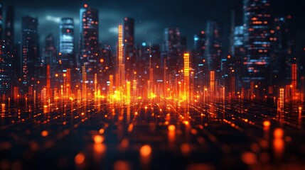 Fototapeta premium Futuristic city skyline at night with glowing orange and red lights, digital rendering.