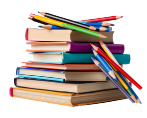 Stack of school books with colorful pencils, essential for learning.