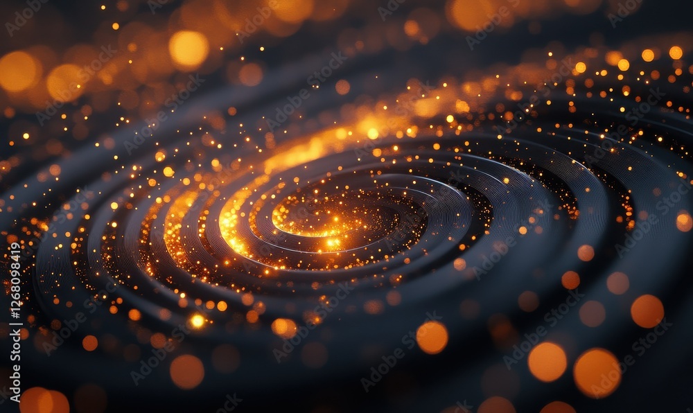 Poster a cutting-edge digital galaxy illuminated by particles and characterized by dynamic circular shapes.