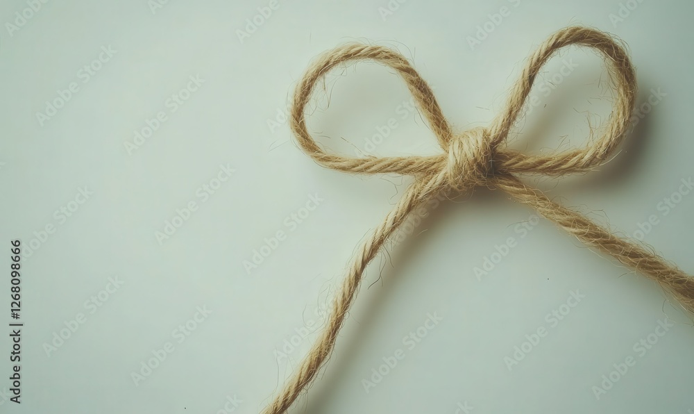 Poster a detailed view of string or twine knotted into a bow, isolated on a white backdrop.
