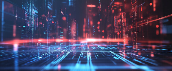 Abstract digital data grid with glowing lines and dots in blue and red tones, symbolizing futuristic technology, digital networks, and data processing.