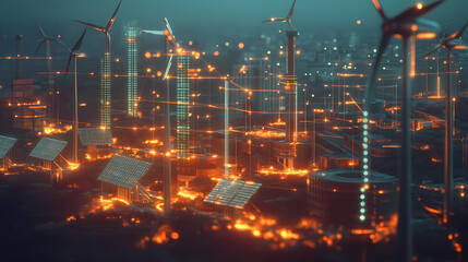 Obraz premium Cyberpunk Green City: A futuristic cityscape seamlessly integrates renewable energy sources, wind turbines, and solar panels illuminate the nocturnal landscape with vibrant, futuristic glow. 