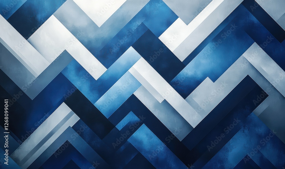 Poster a geometric abstract background with a motif of overlapping blue and gray zigzag shapes.