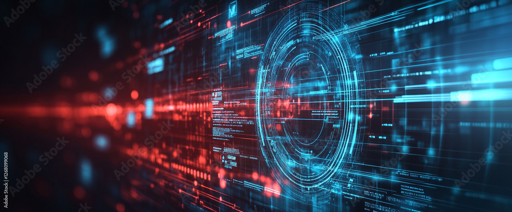 Poster Abstract data streams and digital information with glowing lines and red and blue highlights, symbolizing futuristic technology, data transfer, and digital networks.