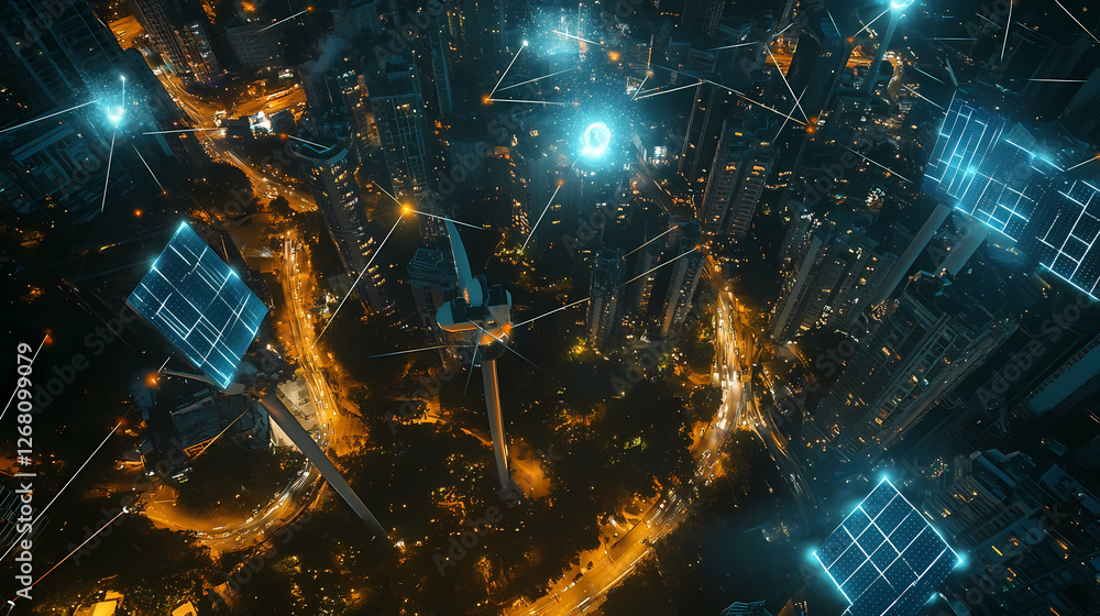 Poster cyber city: a breathtaking aerial view of a futuristic city at night, where illuminated skyscrapers 