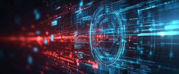 Abstract data streams and digital information with glowing lines and red and blue highlights, symbolizing futuristic technology, data transfer, and digital networks.