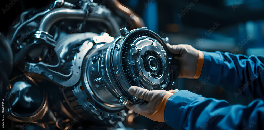 Poster precision engineering: a mechanic's gloved hands meticulously assemble a complex engine component, h