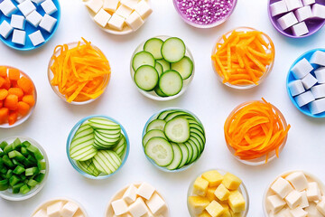 Colorful chopped veggies & tofu, flat lay, food prep, white background, healthy recipe