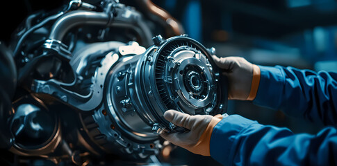 Precision Engineering: A mechanic's gloved hands meticulously assemble a complex engine component, highlighting the precision, expertise, and intricate details involved in automotive repair.