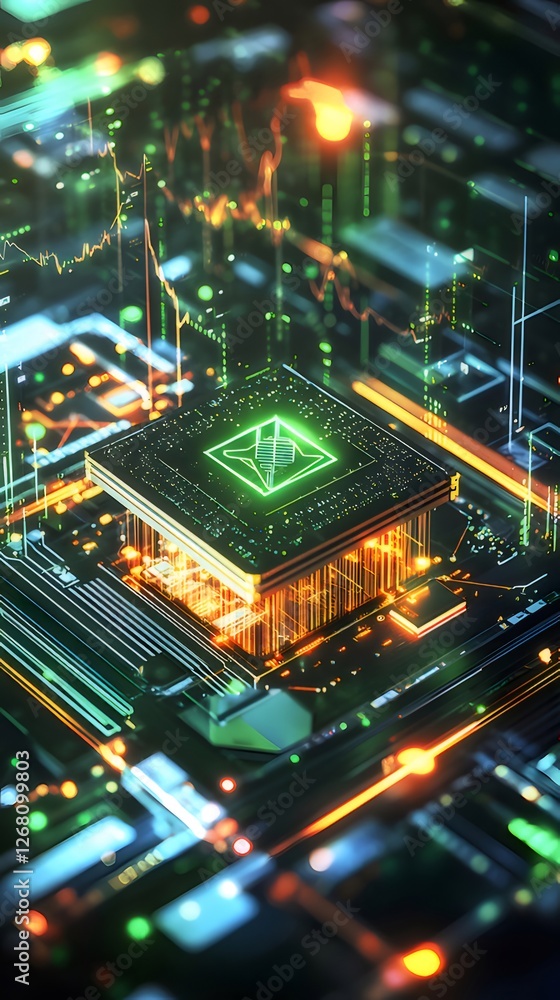 Poster glowing cpu core, digital data streams, circuit board, tech background, website banner