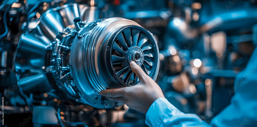 Poster precision engineering: a gloved hand delicately interacts with a complex turbine engine component, h