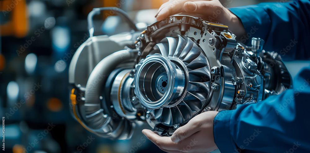 Poster precise engineering: close-up view of a mechanic's hands carefully holding a complex, intricate engi