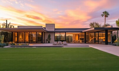 Modern architectural design of a sleek house at sunset with expansive glass windows and a spacious lawn