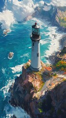 Painted coastal sentinel, Lighthouse standing guard against the ocean
