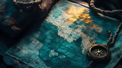 Ancient Compass and Map: A vintage compass and a weathered nautical map with golden highlights lie atop a rustic wooden table, hinting at a journey of exploration and adventure.