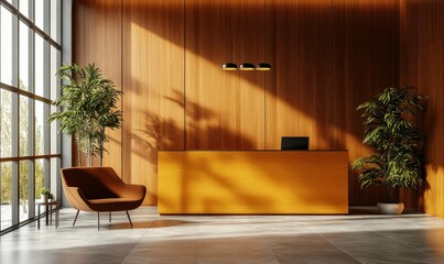 A modern hotel entrance hall with wood-paneled walls and a front desk.