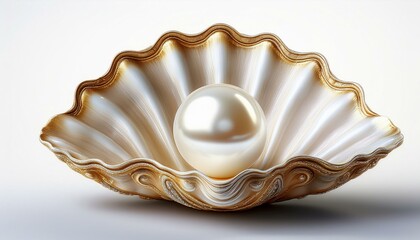 a pearl oyster shell with gold edging white background pearl in the center of an open seashell