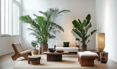 Modern furniture display with indoor plants in a bright, minimalist setting
