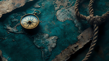 Charting a Course: A weathered compass sits atop a vintage world map, a knotted rope hinting at a journey's destination, captured in a still-life composition reminiscent of exploration and discovery.