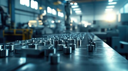 Fototapeta premium Precisely arranged metallic components on a factory assembly line