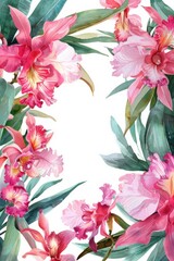Fototapeta premium A wedding card design featuring soft watercolor Cattleya flowers in pink hues, framing a horizontal space