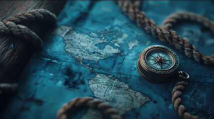 A Compass's Tale: A weathered compass, a symbol of direction and guidance, rests upon an antique world map, surrounded by nautical rope, inviting exploration and the pursuit of adventure. 