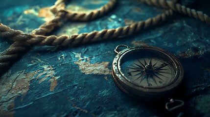 Compass on a Map:  An antique compass rests on a vintage map, its needle pointing towards the unknown, surrounded by a weathered rope, creating a sense of adventure and exploration.