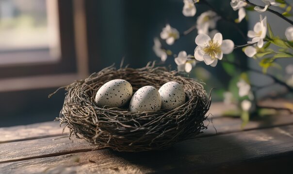 A delicate robin's nest with speckled eggs nestled inside, placed on a wooden table with natural textures for a rustic spring vibe